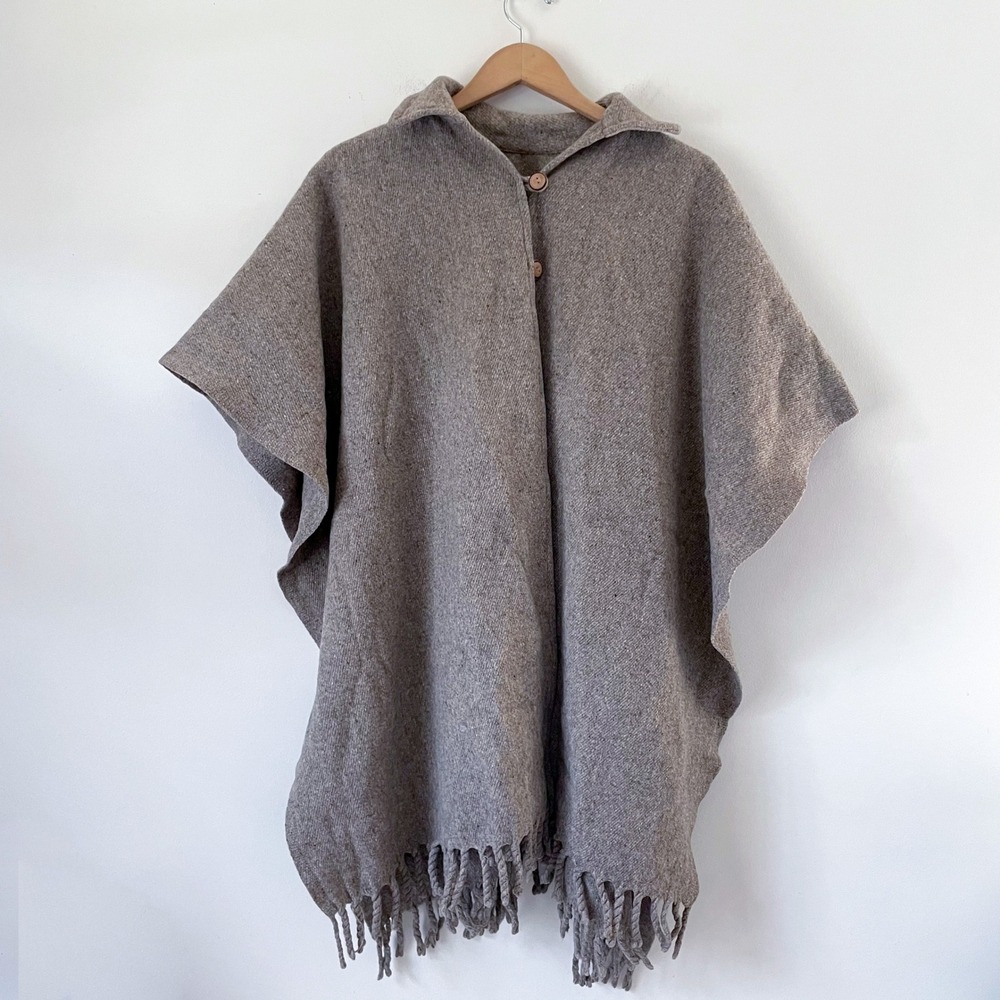 Vintage Wool Blend Fringe Poncho Cape Large Brown Boho Rustic Cabincore cozy